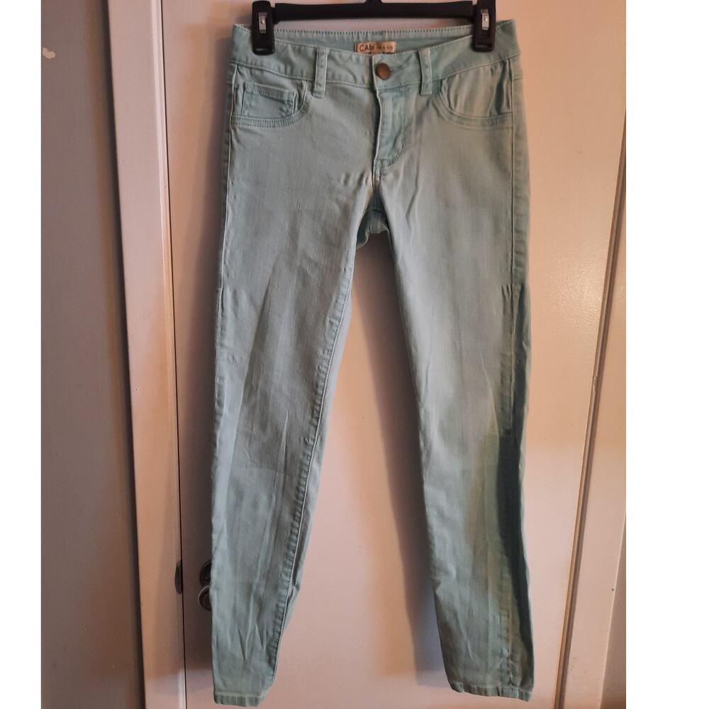 CAbi Thin Mint Skinny Jeans 2 Pastel Coastal Y2K Low Rise Stretch Green Denim